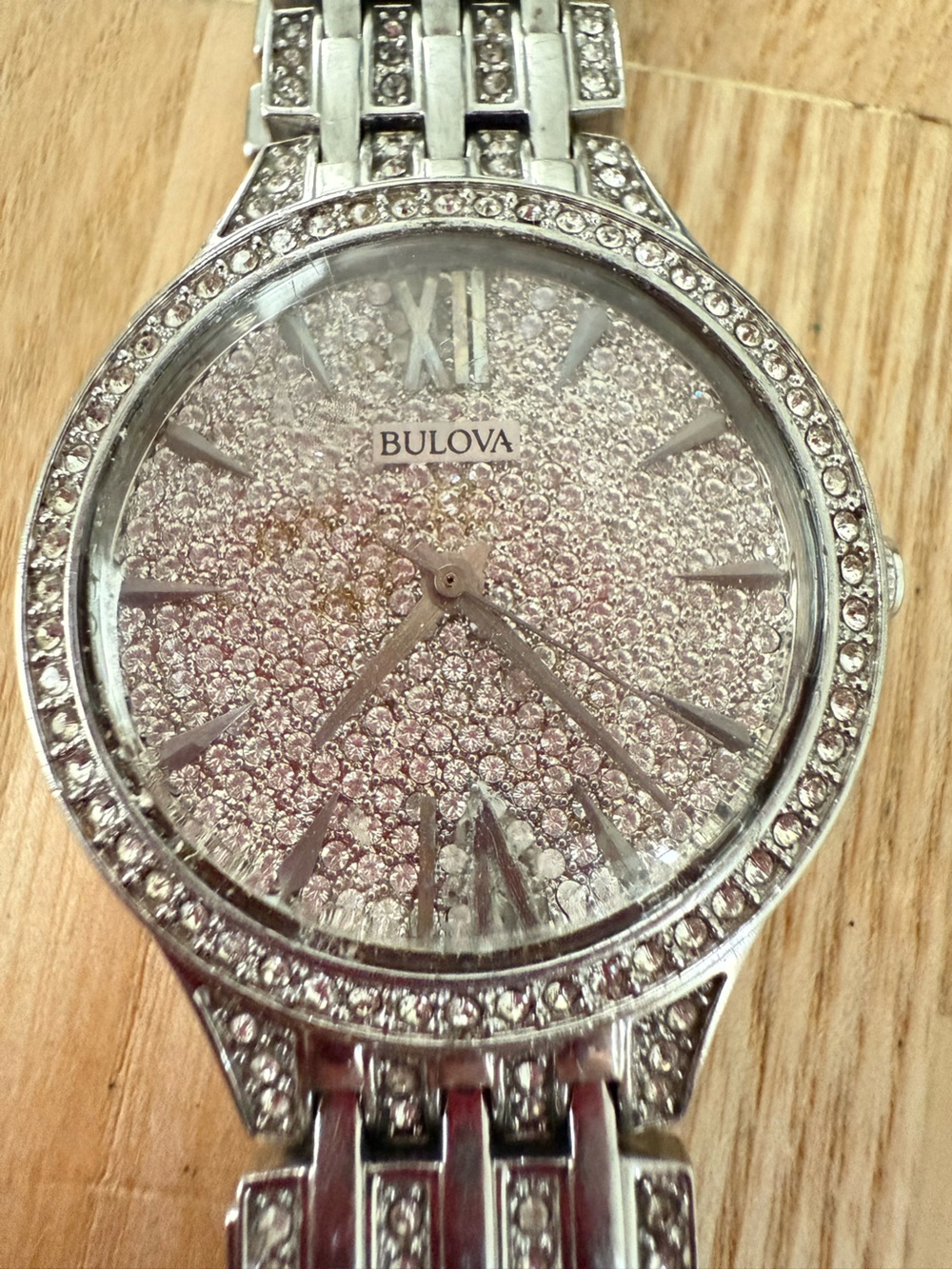 Bulova ladies silver tone crystal pave phantom watch NEW BATTERY
